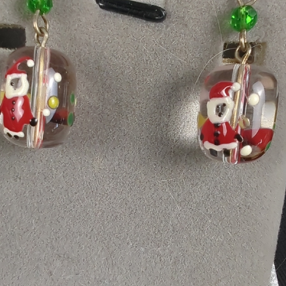 Festive Santa Glass Bead Drop Earrings - Red & Green